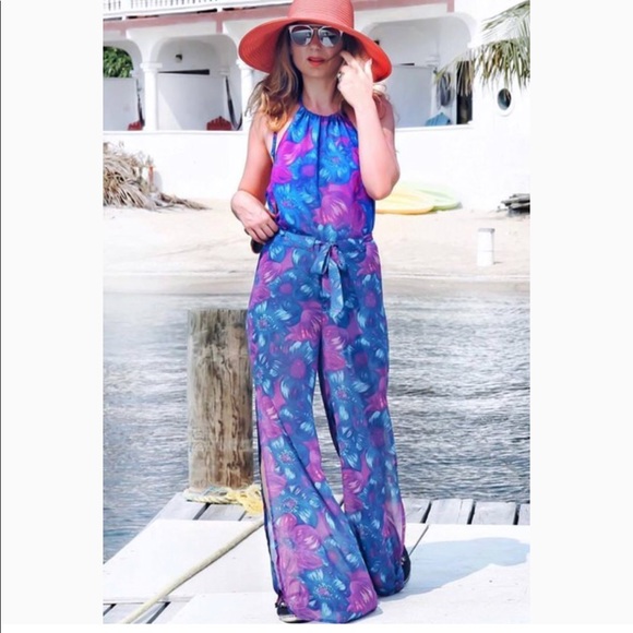 Forever 21 Pants - Forever 21 Blue/Purple Floral Split Leg Jumpsuit